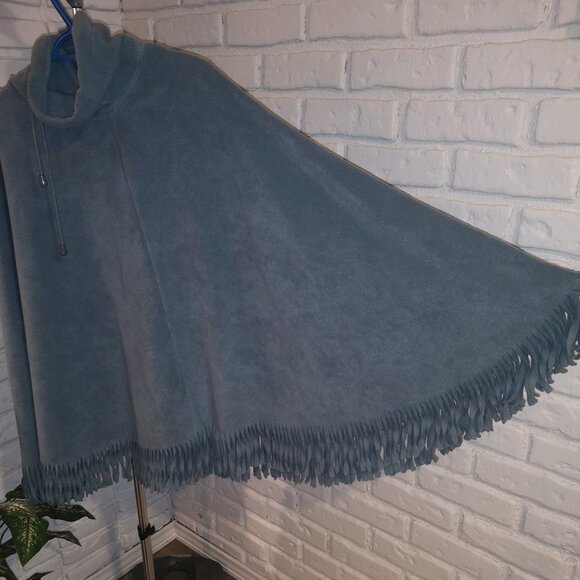 Togo Drawstring High Neck Blue Fleece Fringed Ends Poncho - Picture 4 of 7